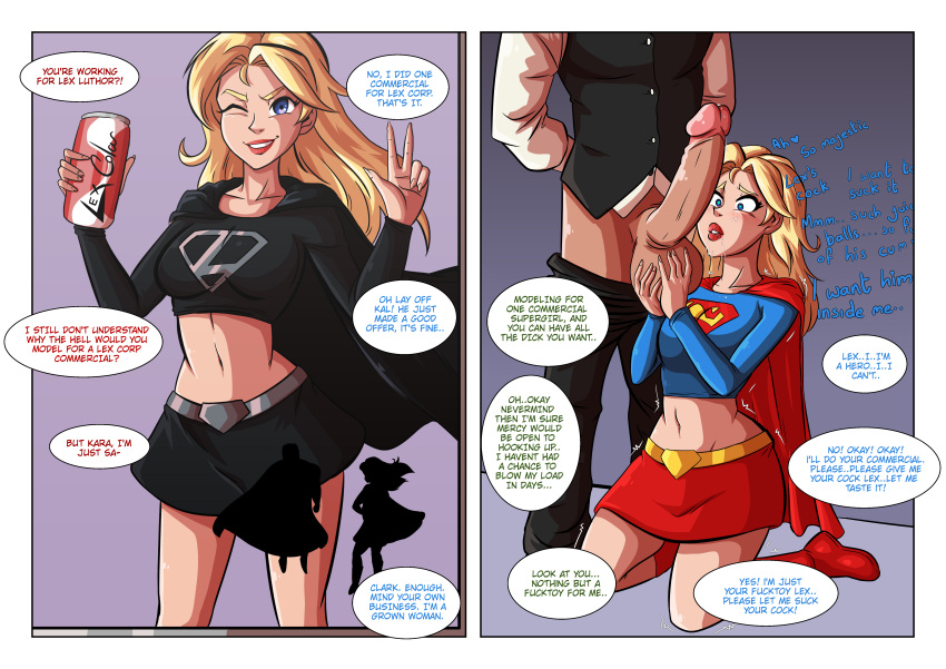 big_penis blonde_hair blue_eyes clark_kent correction dc dc_comics drooling english_text female kal-el kara_danvers kara_zor-el lex_luthor midriff midriff_baring_shirt partial_male penis_awe penis_on_cheek precum precum_drip skirt supergirl superhero superhero_costume superheroine superman_(series) text villain_on_heroine wacum