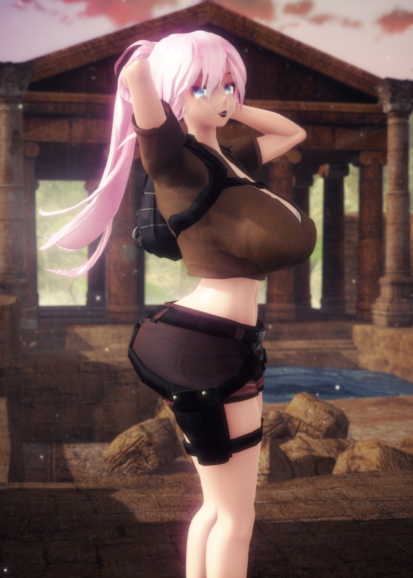 3d anya_jackal big_breasts bimbo huge_breasts lara_croft_(cosplay) large_breasts megurine_luka mmd pink_hair tagme vocaloid