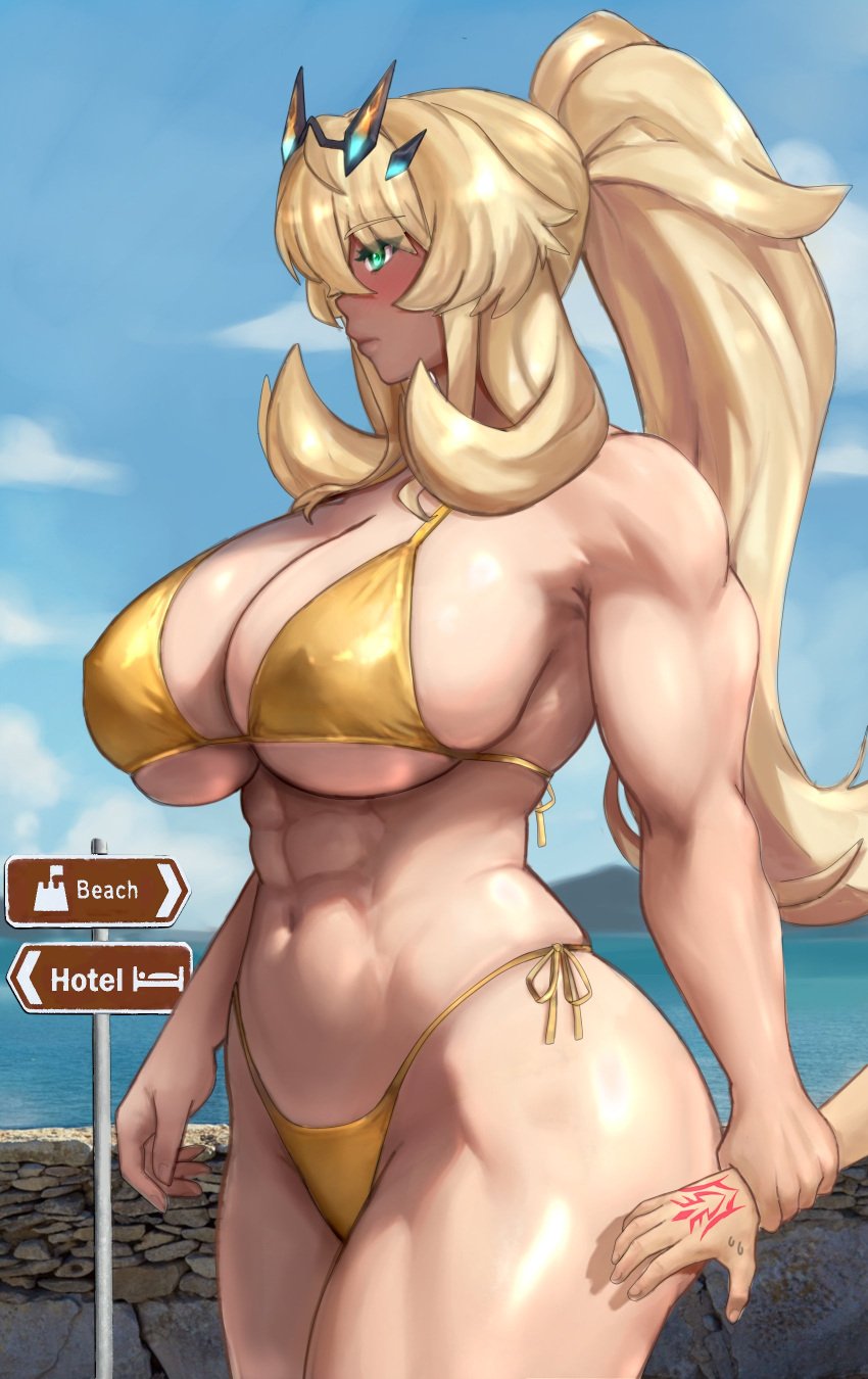 1boy 1girls 2d barghest_(gawain)_(fate) beach bikini blonde_hair blush color fate/grand_order fate_(series) gold_bikini holding_wrists larger_female leading muscular_female offscreen_male outside ponytail raskasar servant size_difference smaller_male