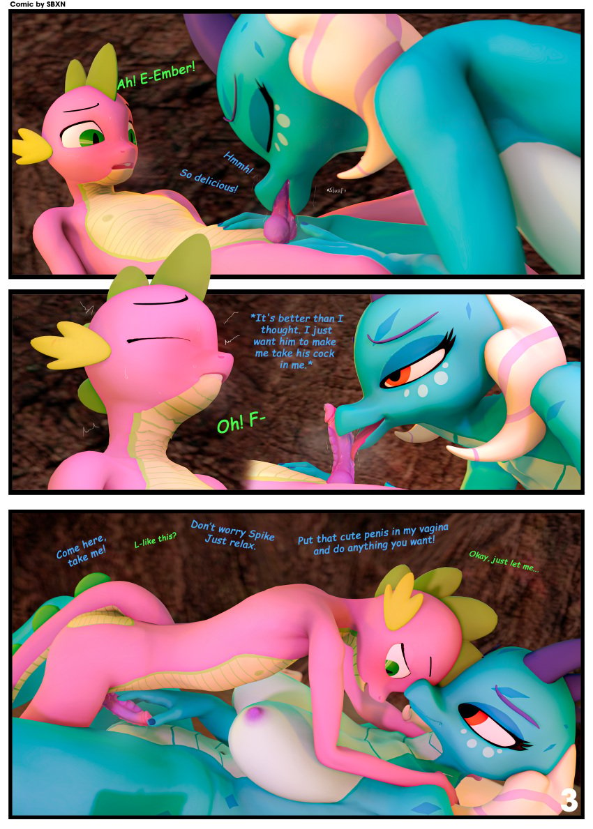 3d_(artwork) absurd_res age_difference anthro big_breasts blue_body blue_scales blue_spines breasts closed_eyes comic dialogue digital_media_(artwork) dragon duo encouragement english_text fellatio female friendship_is_magic genitals green_eyes green_spines half-closed_eyes hand_on_penis hands_on_shoulders hasbro hi_res imminent_sex licking looking_pleasured male male/female my_little_pony mythological_creature mythological_scalie mythology narrowed_eyes nipples nude nude_anthro nude_female nude_male oral page_3 page_number penile penis penis_lick pink_nipples princess_ember_(mlp) purple_body purple_scales red_eyes scales scalie sebaxn sex spike_(mlp) text thoughts tongue