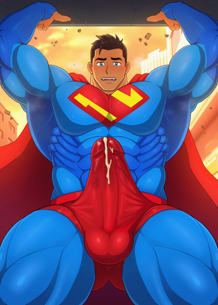 1boy bara big_bulge black_hair blue_eyes bulge clark_kent clark_kent_(my_adventures_with_superman) clothing cum cum_drip cum_through_clothes dc dc_comics erection_under_clothes genital_fluids huge_bulge male male_only muscular_male my_adventures_with_superman penis_outline superhero superman superman_(series) tight_clothing toto_(artist)