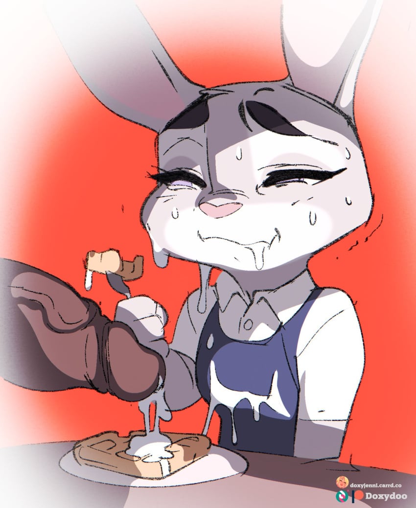 anthro bodily_fluids clothed clothing cum cum_in_mouth cum_inside cum_on_face cum_on_food disney doxy drinking drinking_cum duo eating erection eyebrows faceless_character faceless_male female female_focus fingers food fur furry genital_fluids genitals grey_body grey_fur hi_res judy_hopps lagomorph leporid long_ears male male/female mammal motion_lines narrowed_eyes patreon penis purple_eyes rabbit small_breasts solo_focus subscribestar waffle_(food) white_body white_fur zootopia