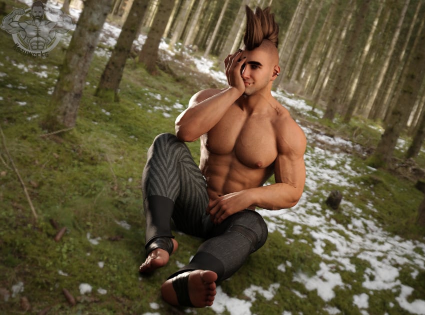 1boy 1human 1male 1man 3d 3d_(artwork) 3d_model abs black_nail_polish black_nails ear_piercing kazuworks male male_focus male_only mohawk mohawk_(hairstyle) muscular oc original original_character outdoors pecs shirtless shirtless_male sitting solo solo_focus solo_male tan-skinned_male tan_skin veiny_penis