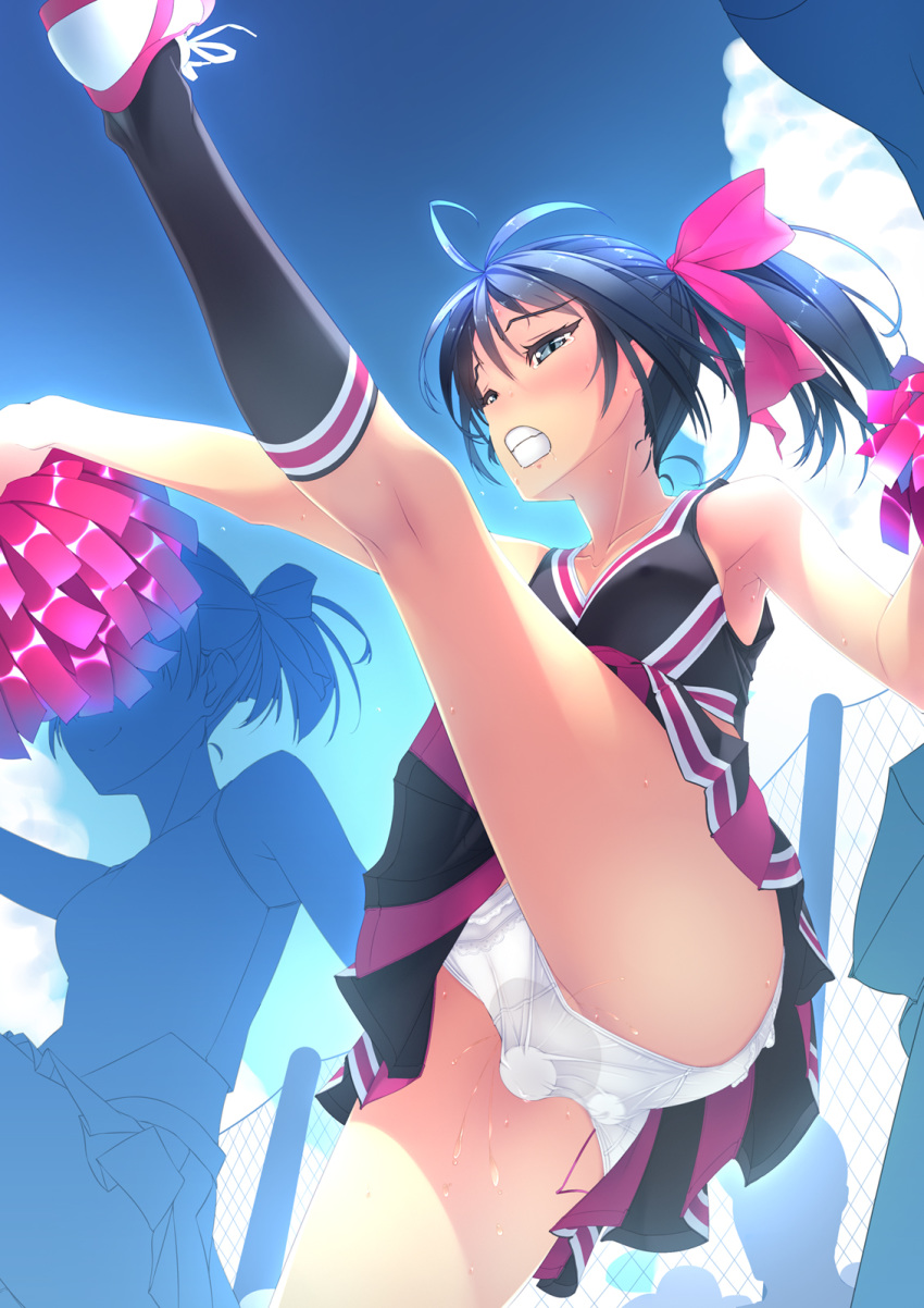 ass black_hair black_legwear blue_eyes blue_hair blush bow breasts cheerleader clothed_masturbation clothing colored_eyelashes discreet_vibrator f-ism female frilled_panties frills from_below hair_ribbon high_kick highres kicking kneehighs kneepits long_hair masturbation murakami_suigun object_insertion original panties pantyshot ponytail pussy pussy_juice pussy_juice_stain pussy_plug ribbon sex_toy skirt solo_focus spread_legs tied_hair underwear upskirt vibrator vibrator_under_panties white_panties