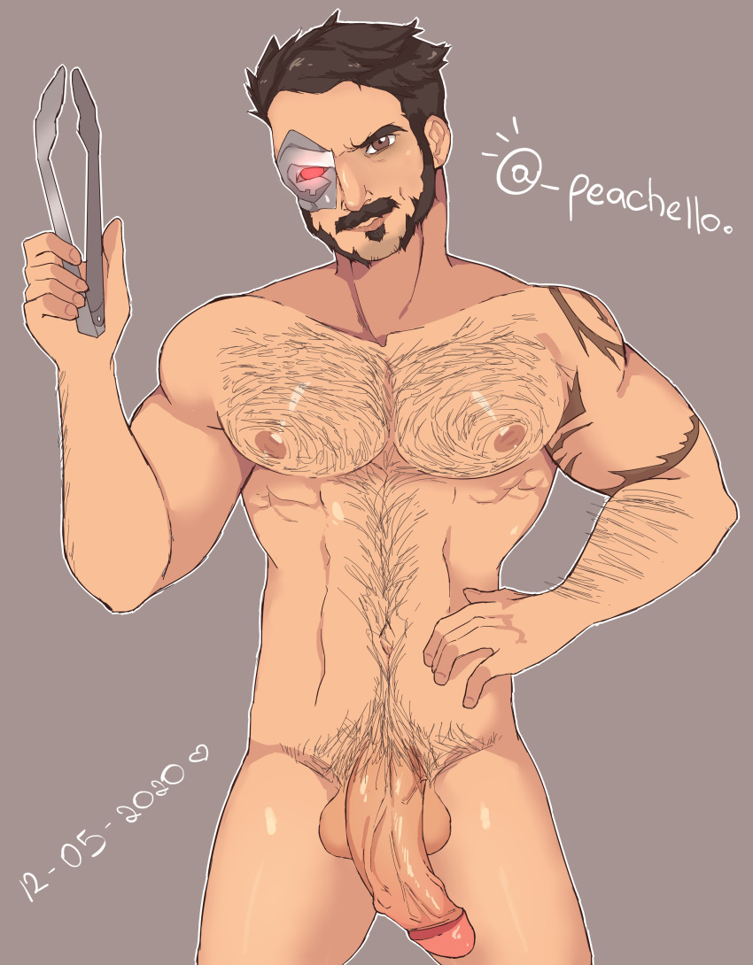 balls bara body_hair boner erection facial_hair kano_(mortal_kombat) male male_only mortal_kombat muscles muscular mutton_chops peachello penis sideburns solo solo_male