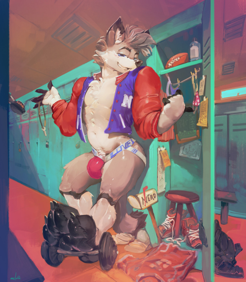 anthro barely_visible_genitalia barely_visible_penis black_pawpads blue_eyes bulge canid cheek_tuft chest_tuft clothing facial_tuft full-length_portrait fur genitals grey_body grey_fur grey_hair grin hair hi_res inside jacket jockstrap kyash-tyur locker_room looking_at_viewer male mammal narrowed_eyes navel oselotti pawpads penis pink_penis portrait purple_clothing purple_jacket purple_topwear red_clothing red_jacket red_topwear short_hair signature smile solo standing topwear tuft underwear white_body white_fur