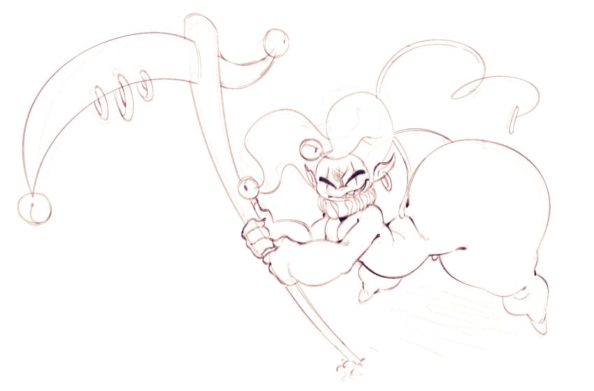 ass big_butt clothing darkner deltarune fool&#039;s_hat genitals hat headgear headwear huge_butt humanoid humanoid_pointy_ears imp jester jevil_(deltarune) male melee_weapon not_furry penis pointy_ears polearm scythe sharp_teeth simple_background smile solo teeth thick_thighs trashdrawy undertale_(series) weapon wide_hips