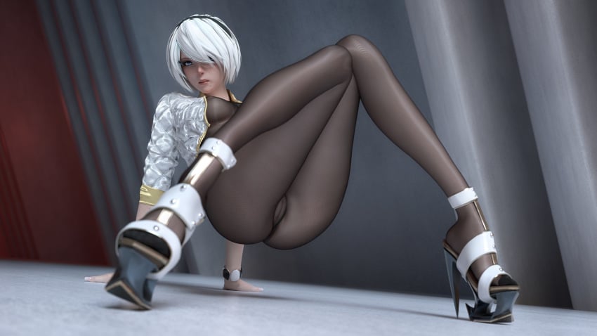 1girls 3d absurd_res blue_eyes bodystocking bodysuit cropped_jacket exposed exposed_pussy female female_only hair_over_one_eye hairband hi_res high_heels hydrafxx indoors innie_pussy legs light-skinned_female light_skin lips looking_at_viewer mole nier:_automata nier_(series) no_panties on_all_fours open_toe_shoes pale-skinned_female pantyhose platform_heels pussy see-through shaved_pussy shoes short_hair solo solo_female stiletto_heels tagme white_hair wristwatch yorha_2b