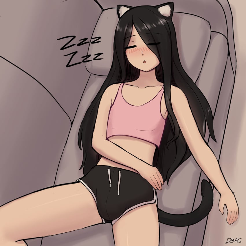 1boy 1femboy 2023 black_fur black_hair blushing bulge bulge_through_clothing catboy crop_top cute dbagdraws dolphin_shorts femboy fluffyearedfox long_hair male male_only nikko_(dbagdraws) sleeping solo solo_male tanktop