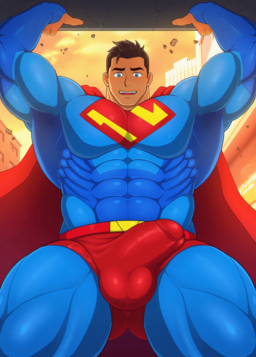 1boy bara big_bulge black_hair blue_eyes bulge clark_kent clark_kent_(my_adventures_with_superman) clothing dc dc_comics hi_res huge_bulge male male_only muscular_male my_adventures_with_superman penis_outline superhero superman superman_(series) tight_clothing toto_(artist)