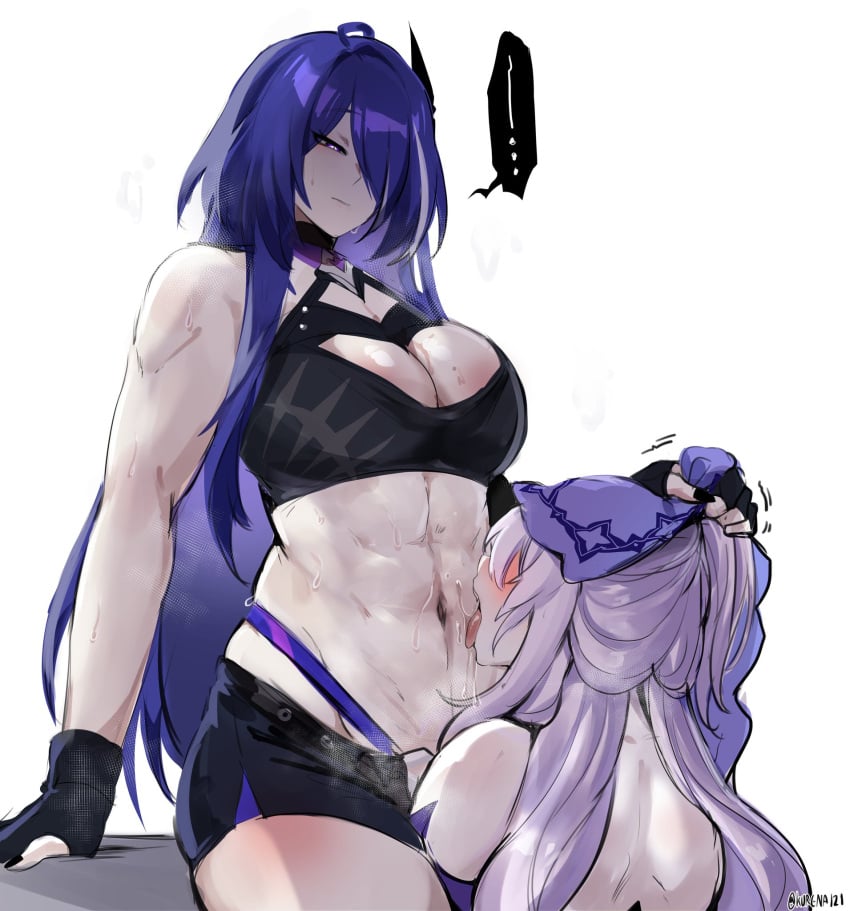 2girls abs acheron_(honkai:_star_rail) belly belly_button belly_lick big_breasts black_swan_(honkai:_star_rail) blush blushing bottom busty clevage female female_only fingerless_gloves gloves hair_over_one_eye honkai:_star_rail honkai_(series) hoyoverse huge_breasts kurenaiz1 large_breasts licking licking_abs licking_belly licking_tummy mihoyo multiple_girls muscular_female one_eye_obstructed pale-skinned_female pale_skin purple_eyes purple_hair revealing_clothes smile smiling tummy yuri