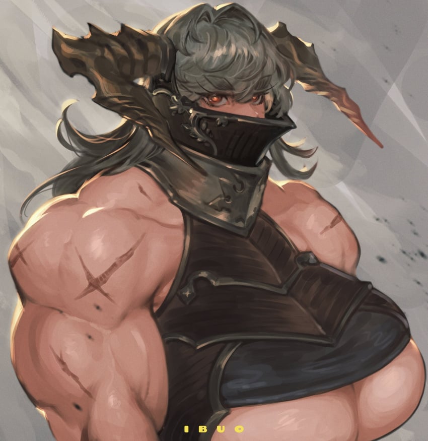 armor big_breasts breasts extreme_muscles helmet horns huge_breasts ibuo looking_at_viewer muscular_arms muscular_female