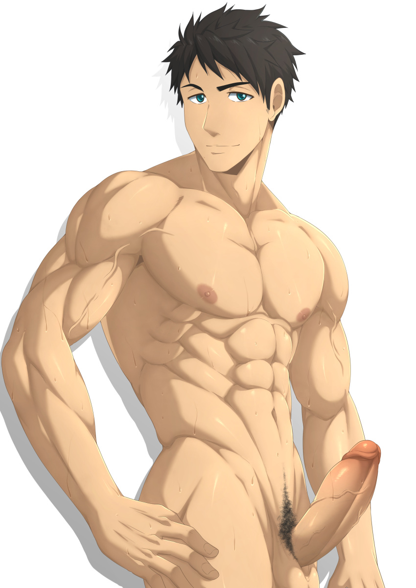 1boy balls bara big_balls big_penis erection free! inunekostudio male male_nipples male_only male_pubic_hair muscular_male nipples nude penis sousuke_yamazaki yamazaki_sosuke