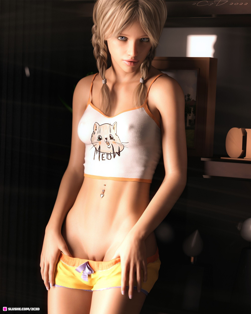 1girls 2022 2c3d 3d blonde_hair blue_eyes female female_only heart-shaped_piercing ice_blue_eyes indoors looking_at_viewer navel_piercing nipple_bulge nipples_visible_through_clothing no_panties nopan pulling_shorts pulling_shorts_down shorts small_breasts solo solo_female standing tank_top undressing