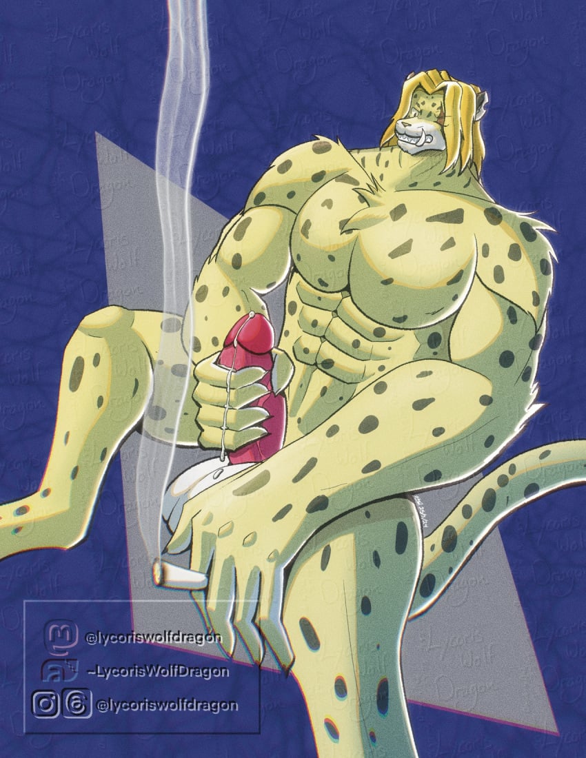 anthro anthro_only balls barazoku bodily_fluids cum cum_drip dripping felid forestpunktiger gay genital_fluids genitals hi_res jaguar lycoriswolfdragon male male_only mammal masturbation minkmen_(one_piece) muscular muscular_male one_piece pantherine pedro_of_the_treetops penis smoking solo watermarked_at_source