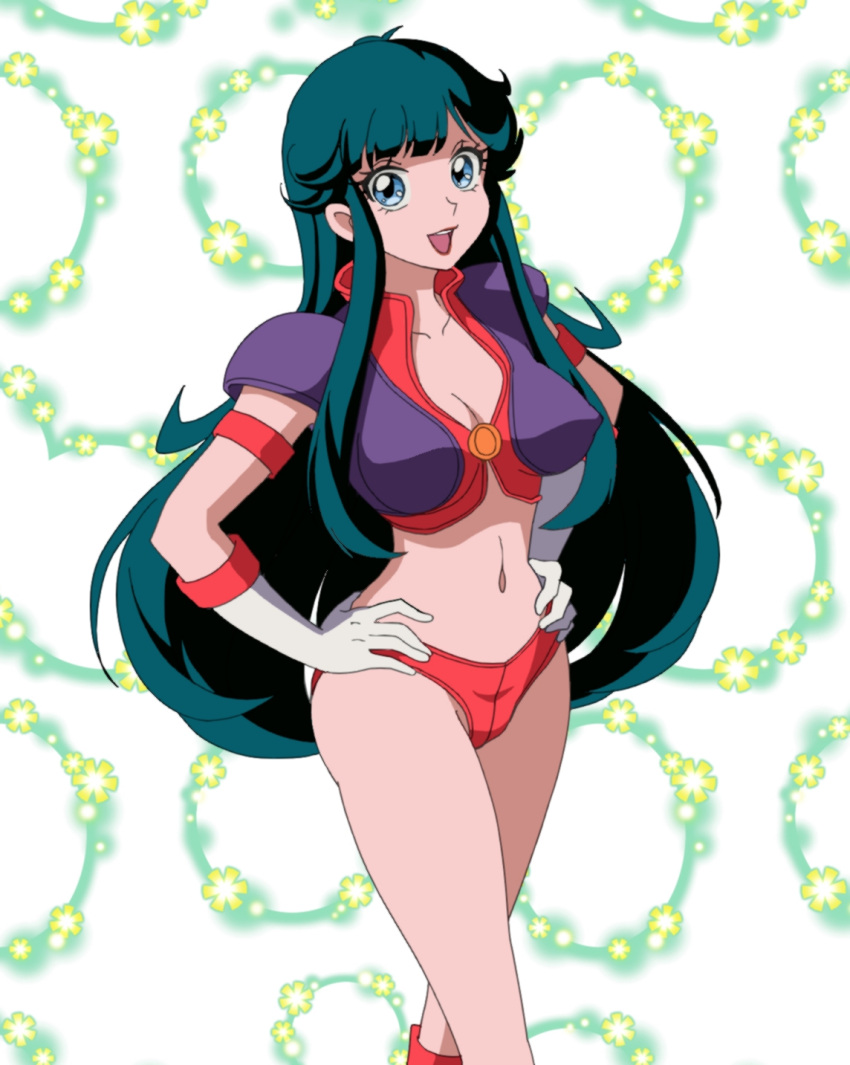 1980s_(style) 1girls big_breasts blue_eyes breasts busty cleavage confident covered_erect_nipples curvy gloves green_hair hands_on_hips hi_res large_breasts legs long_hair looking_at_viewer midriff navel oldschool open_mouth pose posing reika_kirishima retro_artstyle sensual smile solo taito thighs time_gal wide_hips