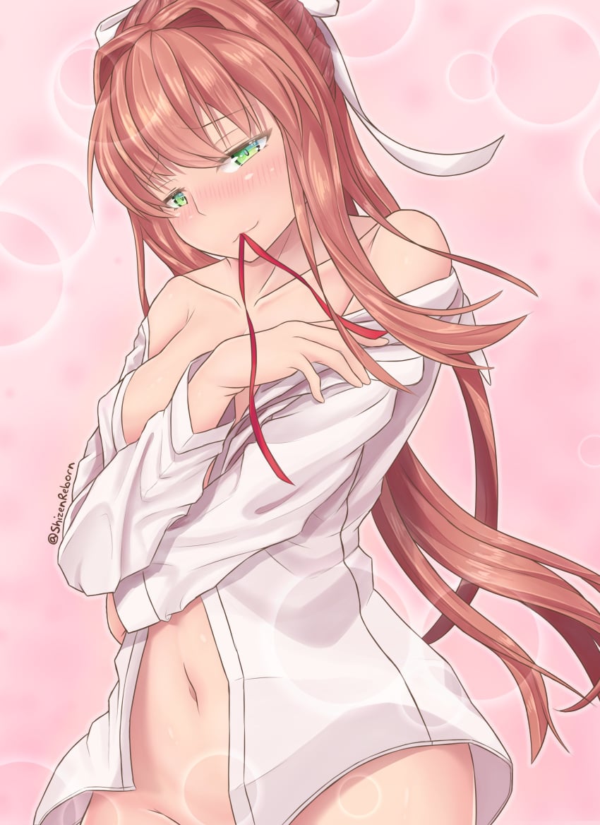 1female 1girls bare_shoulders blush blush_lines blushing collarbone doki_doki_literature_club female female_focus female_only girl green_eyes hair_intakes long_hair monika_(doki_doki_literature_club) navel shizenreborn solo solo_female solo_focus