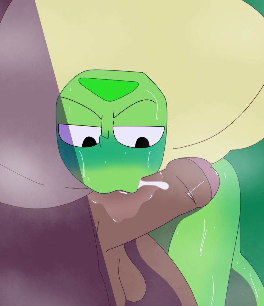 1boy 1girls 2024 balls blonde_hair blowjob dark-skinned_male dark_skin drawinecchi erect_penis female female_focus gem_(species) green_body green_skin nude nude_female penis peridot_(steven_universe) saliva self_upload steven_universe sucking_penis sweat