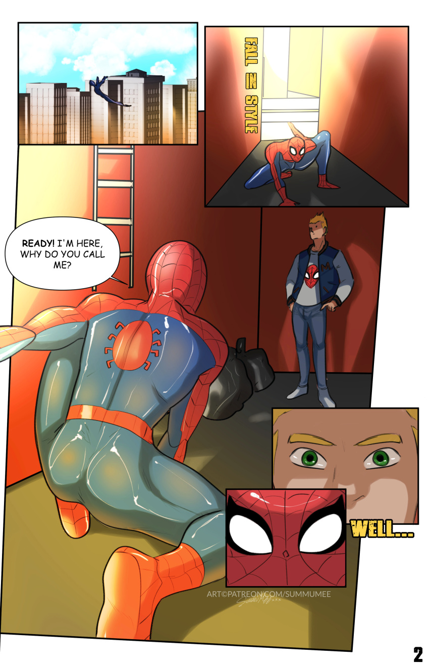 2boys clothing comic dialogue eddie_brock english_text human human_only male male/male male_only marvel peter_parker spider-man spider-man_(series) summumee text the_spectacular_spider-man themed_clothes tight_clothing yaoi