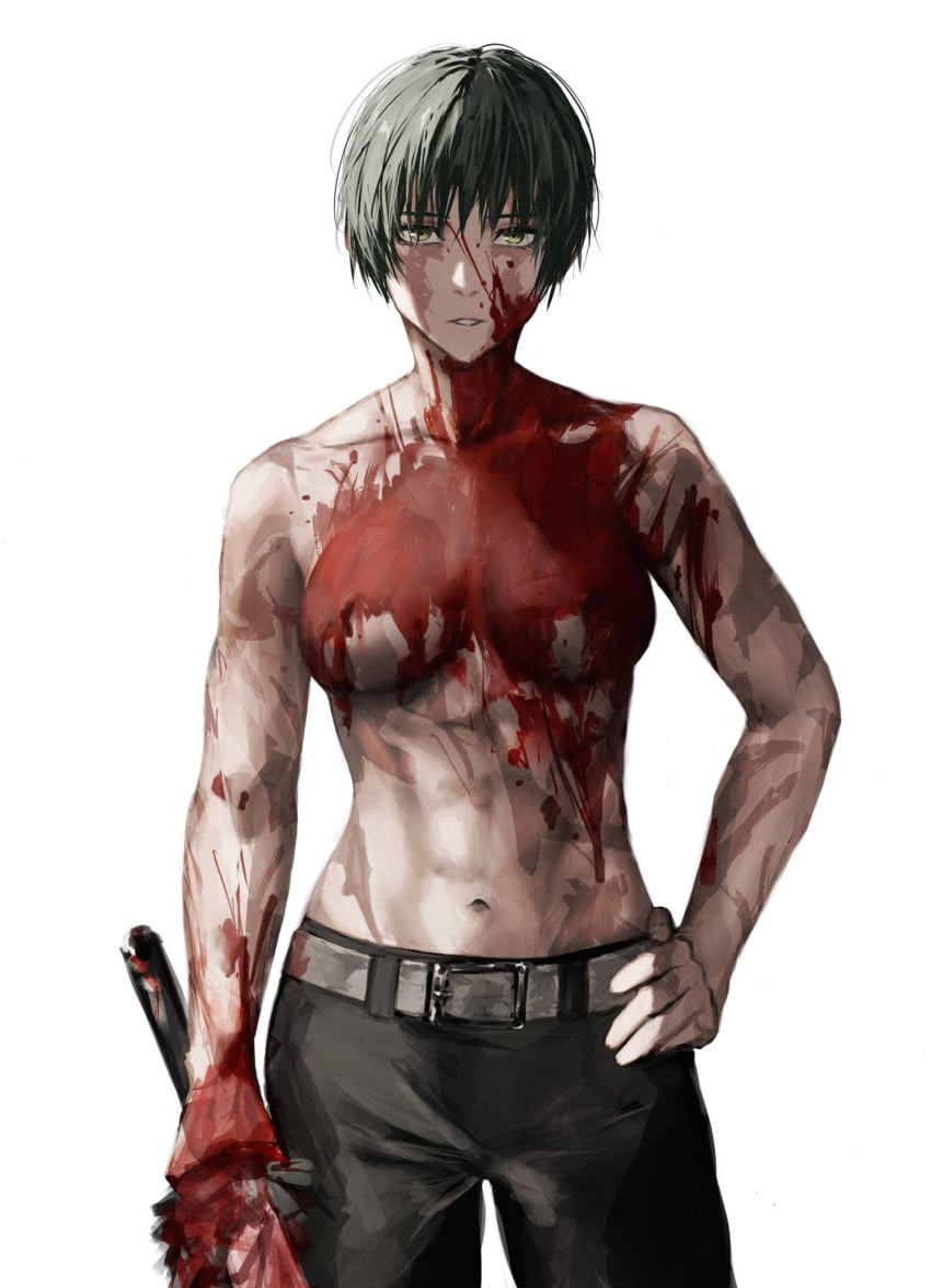 blood blood_on_body blood_on_breasts blood_on_face blood_stain burn_scar green_eyes jujutsu_kaisen katana medium_breasts medium_hair pants raberu_ruru scar scars split_soul_katana sword tagme very_short_hair zenin_maki