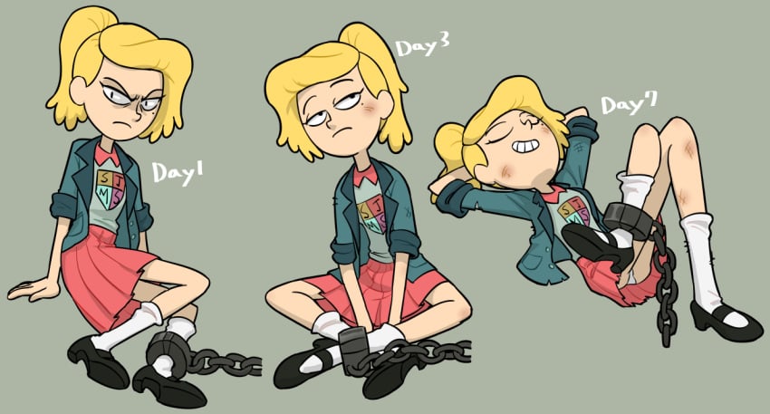 amphibia beauty_mark blonde_female blonde_hair centinel303 chained chained_ankles chains disney disney_channel jacket jean_jacket mary_janes panties pantyshot ponytail sasha_waybright school_uniform shoes skirt white_female