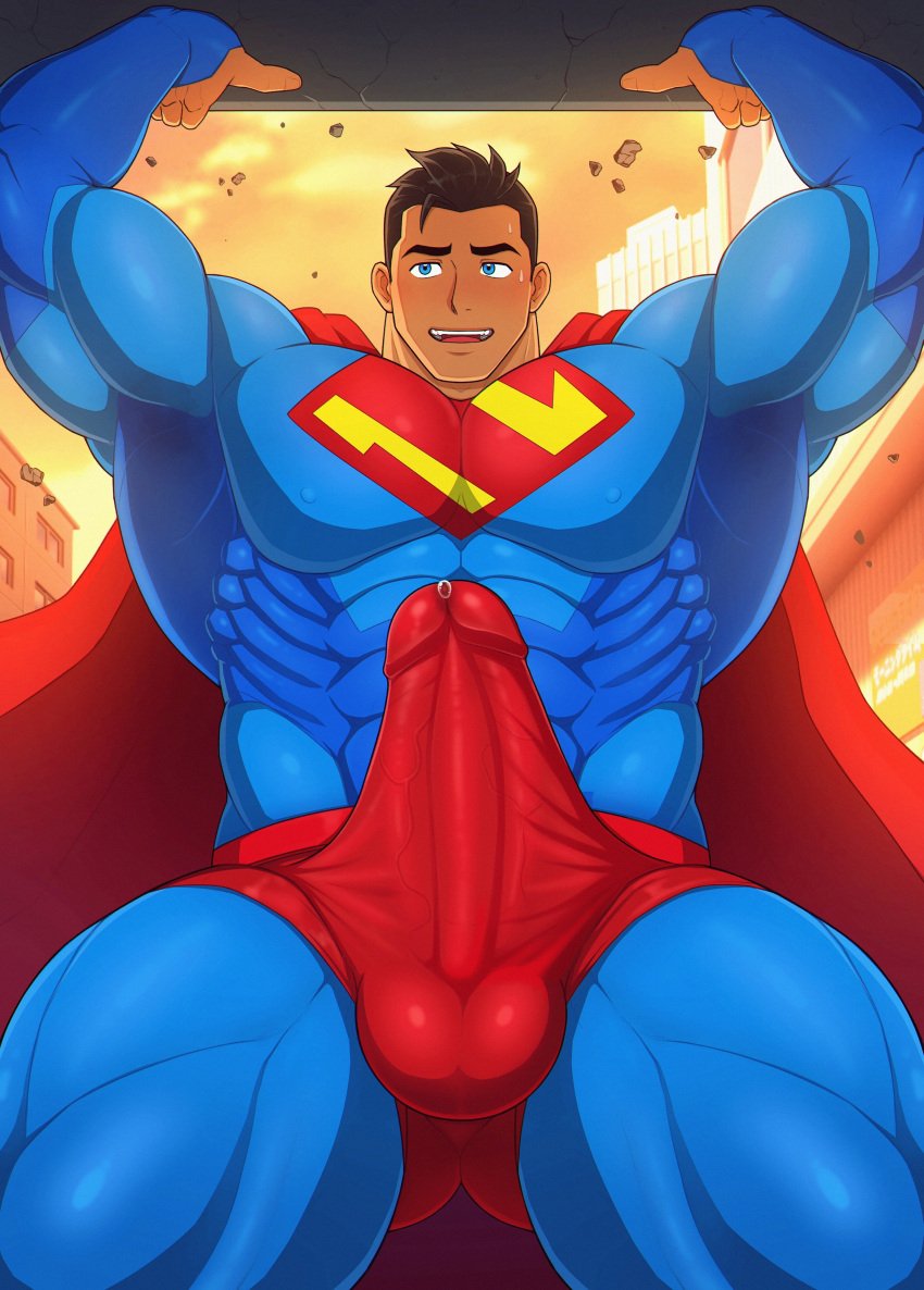 1boy bara big_bulge black_hair blue_eyes bulge clark_kent clark_kent_(my_adventures_with_superman) clothing dc dc_comics erection_under_clothes huge_bulge male male_only muscular_male my_adventures_with_superman penis_outline precum precum_drip precum_through_clothing superhero superman superman_(series) tight_clothing toto_(artist)