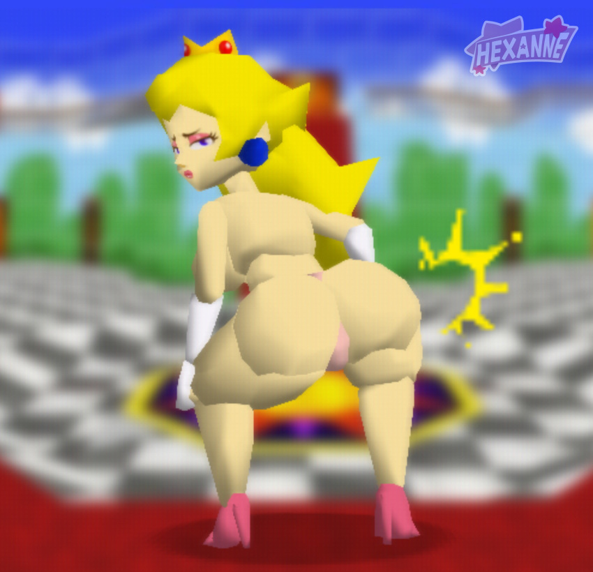 1girls 3d 3d_(artwork) accurate_art_style artist_logo artist_name ass ass_clapping ass_focus back_view blonde_hair blue_earrings blue_eyes clapping_cheeks crown earrings female hexanne huge_ass indoors long_hair looking_at_viewer looking_back low_poly low_poly_peach lowpoly mario_(series) nintendo no_bra nude nude_female panties pawg pink_lipstick pink_panties polygon princess_peach retro retro_artstyle solo solo_female solo_focus super_mario_64 super_mario_64_castle twerk twerking