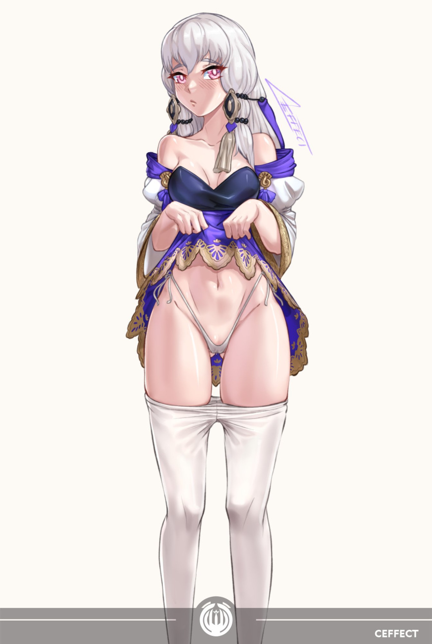 1girls ass_visible_through_thighs bangs bare_midriff bare_shoulders bare_thighs breasts clothes_lift collarbone crazzeffect dress_lift female female_only fire_emblem fire_emblem:_three_houses lifted_by_self long_hair looking_at_viewer lysithea_von_ordelia medium_breasts midriff nintendo panties pantyhose pantyhose_down pink_eyes presenting shoulders skirt_lift solo thighs thong underwear upskirt white_background white_hair white_panties