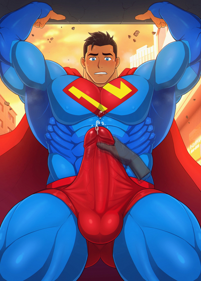 1boy bara big_bulge black_hair blue_eyes bulge clark_kent clark_kent_(my_adventures_with_superman) clothing dc dc_comics erection_under_clothes handjob huge_bulge male male_only masturbation muscular_male my_adventures_with_superman penis_outline precum precum_drip precum_through_clothing superhero superman superman_(series) tight_clothing toto_(artist)