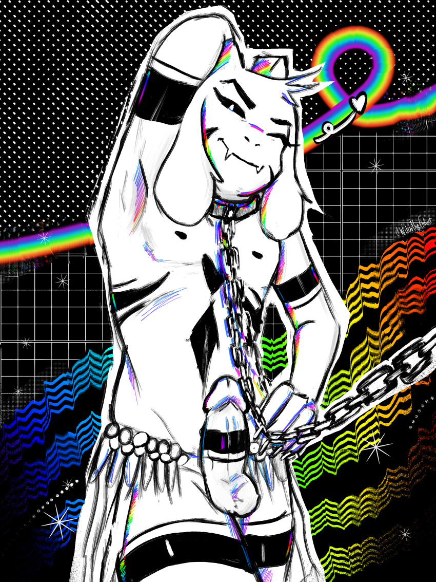 absurd_res anthro asriel_dreemurr asriel_dreemurr_(god_form) bovid caprine caprine_demon collar demon fangs genitals goat goat_demon heart_symbol hi_res horn male male_only mammal markings metal_collar one_eye_closed penis pinup pose rainbow solo tattoo teeth undertale undertale_(series) wink witchtheghost