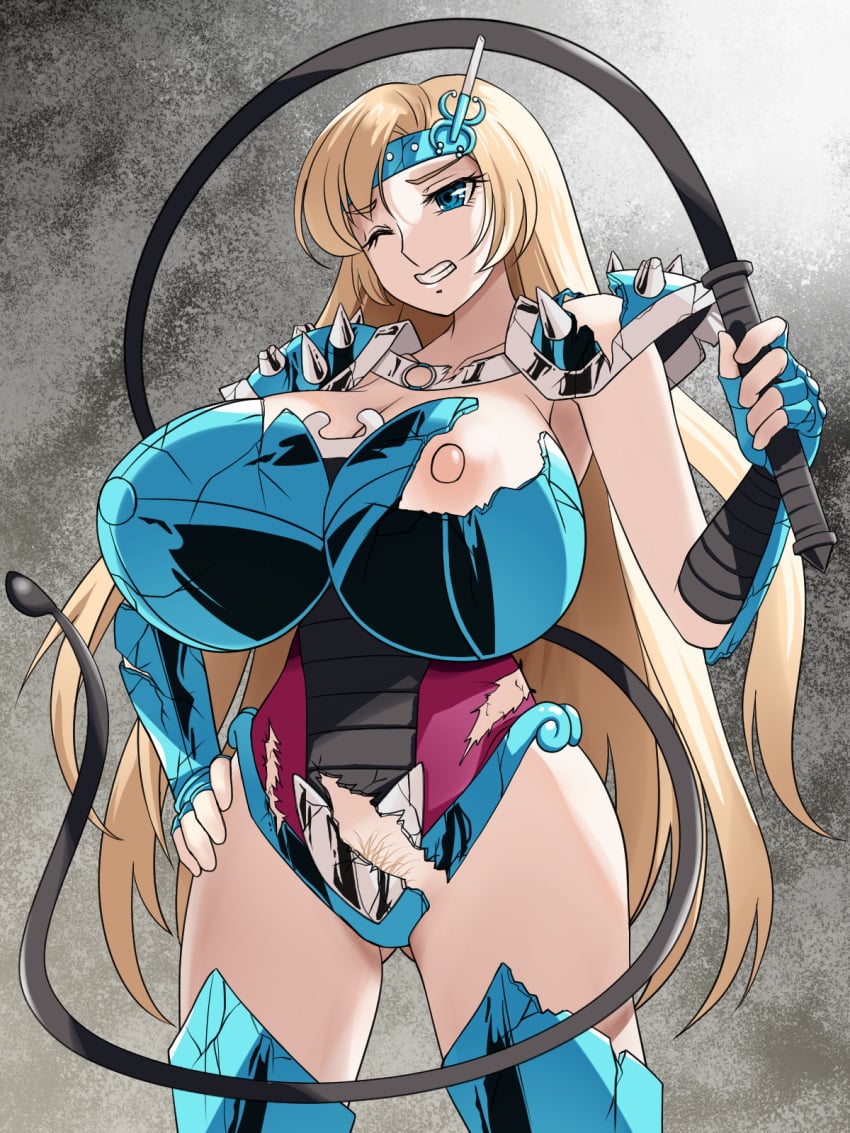 1girls alternate_breast_size armor blonde_hair blue_eyes chameleon_june exposed_breasts female female_pubic_hair hand_on_hip huge_breasts kinta_88 long_hair saint_seiya solo spikes standing thighs torn_clothes very_long_hair whip