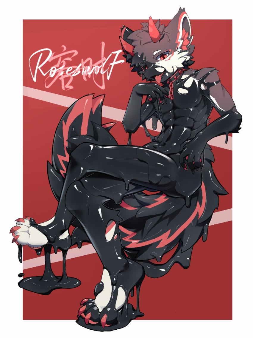 anthro black_latex fur hi_res horn latex liquid_latex male red_body red_eyes red_fur red_horn solo