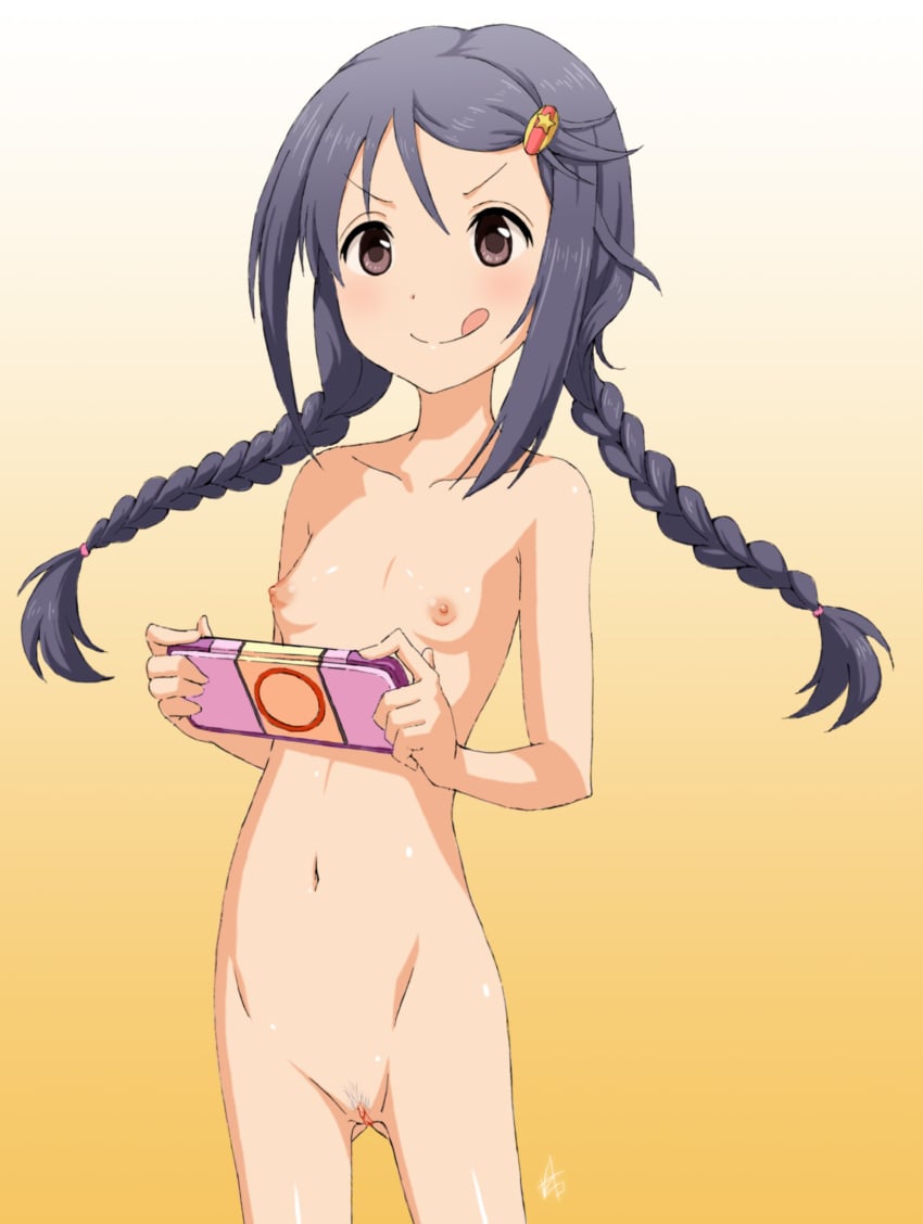 :q black_hair blush braid breasts brown_eyes female game_console gradient_background hair_ornament hairclip handheld_game_console idolmaster idolmaster_cinderella_girls licking_lips long_hair miyoshi_sana navel nipples nude pubic_hair pussy signature small_breasts smile solo tied_hair tongue tongue_out twin_braids twintails uncensored vzmk2 yellow_background