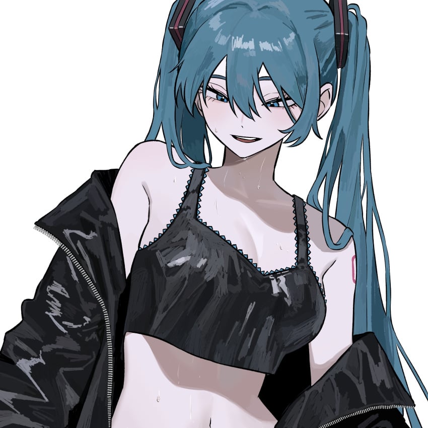 bikini black_bikini blue_eyes blue_hair breasts cleavage hair_ornament hatsune_miku jacket looking_down open_mouth shadow sweat sweating sweaty tattoo unzipped_jacket upper_body upper_body_focus waist zeon_(zzeeonn)