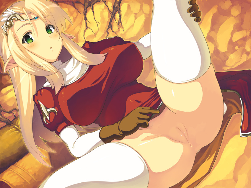 :o anus blonde_hair blush breasts circlet elf erect_nipples female gloves green_eyes highres large_breasts leg_hold long_hair lying no_panties nun pointy_ears priest_(ragnarok_online) pussy roots shirt solo spread_legs taut_shirt thighhighs tight_clothes uncensored white_legwear yn_red