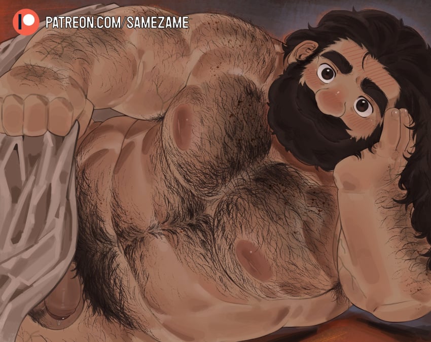 1boy abs bara beard dungeon_meshi dwarf english_commentary facial_hair flaccid foreskin head_on_hand highres long_hair looking_at_viewer lying male_focus male_only muscular muscular_male nipples nuhoangxitray on_side overload_(nuhoangxitray) patreon_logo patreon_username pectorals penis plump pubic_hair senshi_(dungeon_meshi) testicles topless_male very_hairy very_long_hair