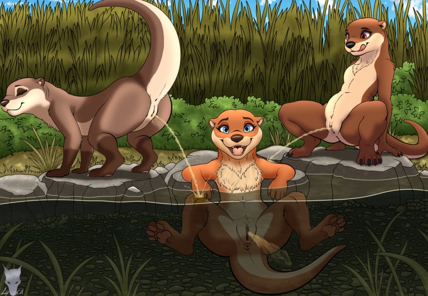 all_fours anthro anus bodily_fluids brown_body brown_fur clitoral_hood clitoris closed_eyes crouching digital_media_(artwork) digitigrade duo featureless_chest feet female female/female fingers forest fur genital_fluids genitals golden_shower hi_res lake licking licking_lips licking_own_lips looking_at_viewer lycadio mammal mustelid nude open_mouth otter outdoor_nudity outside partially_submerged pawpads paws peeing peeing_into_water peeing_on_another peeing_together peeing_underwater plant pussy raised_tail smile spread_legs spreading tail toes tongue tongue_out tree urine urine_stream water watersports yuri