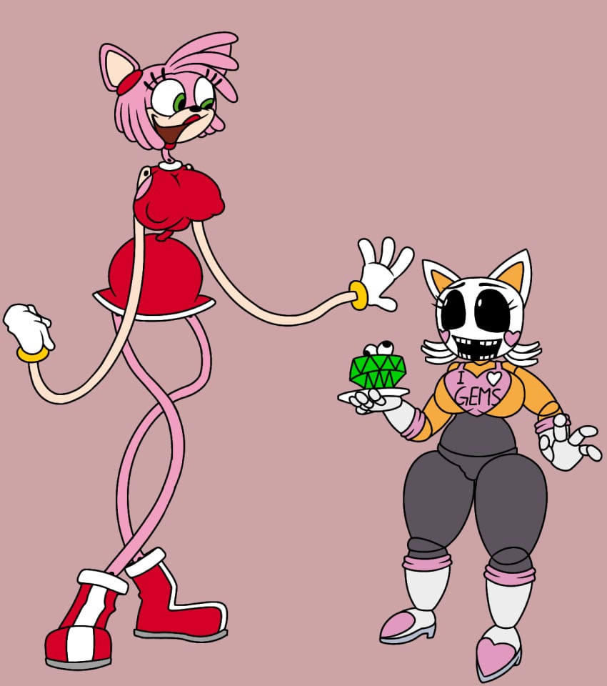 amy_rose amy_rose_(cosplay) animatronic bib chaos_emerald crossover doll five_nights_at_freddy's five_nights_at_freddy's_2 gaping_mouth googly_eyes latex_suit mommy_long_legs pink_hair poppy_playtime red_boots red_dress red_lipstick ring_(jewelry) robot robot_girl robot_joints rosy_cheeks rouge_the_bat rouge_the_bat_(cosplay) sega sonic_(series) toonification toy toy_chica_(fnaf) transformation video_games white_armwear white_boots white_hair