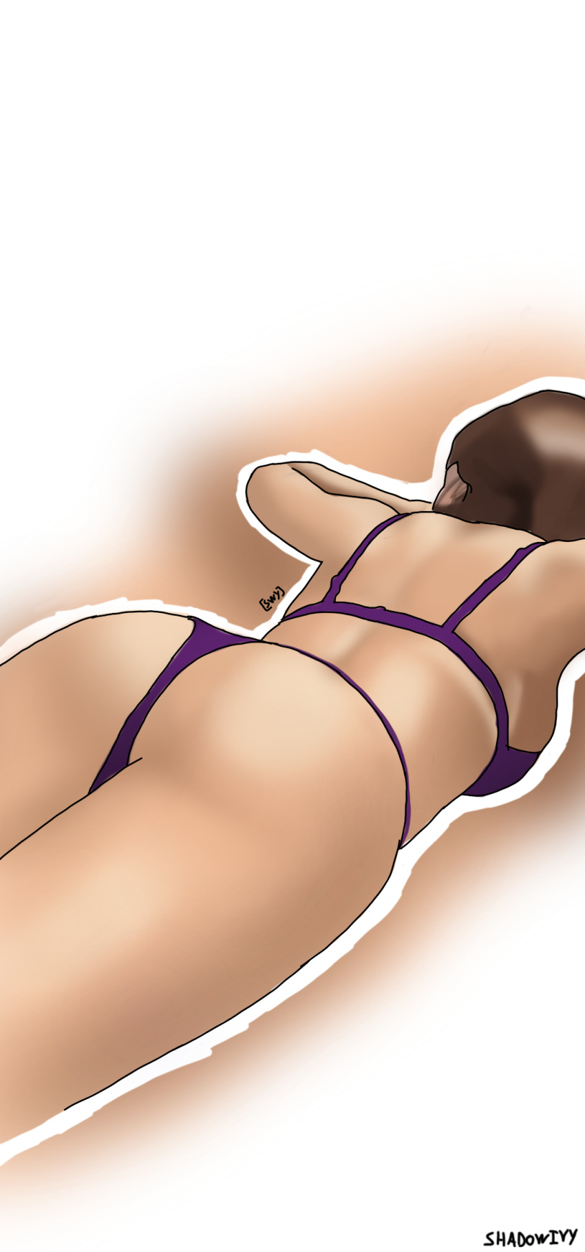 ass ass_bigger_than_head ass_focus big_ass big_breasts big_butt bikini bikini_bottom bikini_top breasts brown brown_hair female female_focus female_human female_only floor laying_down light-skinned_female light_skin purple_clothing shadow_ivy sleeping sunlight swy tanning white_hair
