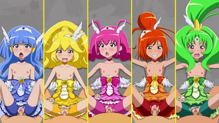 5boys 5girls aoki_reika armpits arms_spread blush breasts clothed_sex clothing cure_beauty cure_happy cure_march cure_peace cure_sunny exposed_breasts flat_chest hino_akane_(smile_precure!) hoshizora_miyuki magical_girl midorikawa_nao multiple_boys multiple_girls nipples open_mouth penis precure pretty_cure sex shiny_hair shirt_pull shorts small_breasts smile_precure spread_arms sukima_sangyou teenage_girl teenager tiara tongue_out topless topless_female torn_clothes wakipai yayoi_kise