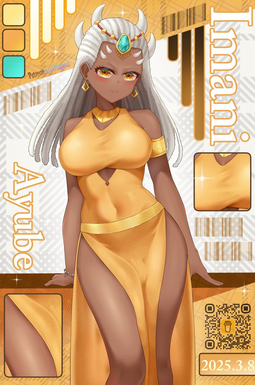 1futa absurdres armlet artist_name barcode bare_shoulders blush bracelet breasts bulge character_name closed_mouth clothed clothing commission commissioner_upload cover covered_navel dark-skinned_female dark_skin dreadlocks dress earrings english_text fake_cover feet_out_of_frame fully_clothed futa_only futanari grey_hair highres hoop_earrings horns jewelry large_breasts long_hair looking_at_viewer lori_hagami navel necklace official_art orange_dress pelvic_curtain qr_code queen_imani side_slit sleeveless smile solo standing thighs very_long_hair ways_of_darkness_(series) white_hair yellow_eyes