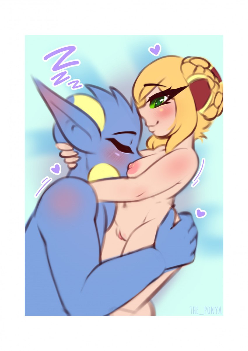 1boy 1girls blizzard_entertainment blonde_hair blue_skin blush chromie draenei female gnome gnome_(warcraft) light-skinned_female light_skin male nude urpone warcraft world_of_warcraft