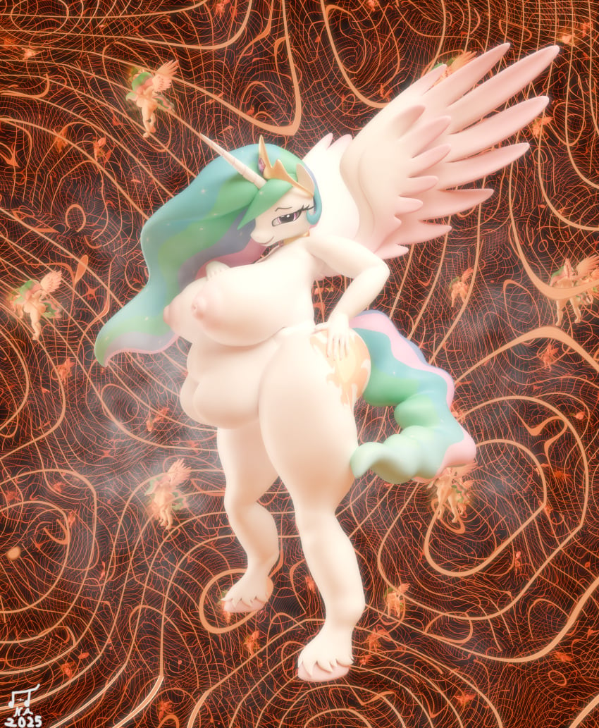 2025 3d_(artwork) absurd_res anthro big_breasts blender_cycles breasts digital_media_(artwork) equid equine female friendship_is_magic fur hair hand_on_breast hand_on_hip hasbro hi_res hooves horn horse huge_filesize looking_at_viewer mammal musk musk_clouds my_little_pony mythological_creature mythological_equine mythology nipples nude obese obese_anthro obese_female overweight overweight_anthro overweight_female pony princess_celestia_(mlp) rayana_rezaque smile solo tail wings