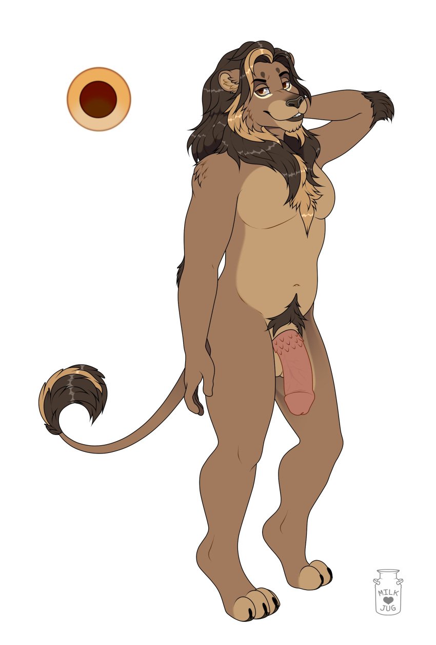 absurd_res anthro balls brown_balls brown_body brown_fur brown_hair brown_pubes erection felid flaccid full-length_portrait fur genitals hair hi_res humanoid_genitalia humanoid_penis hybrid_genitalia hybrid_penis lion looking_at_viewer male mammal milk-jug narrowed_eyes nude orange_eyes pantherine penile_spines penis portrait pubes red_penis smile solo standing tail tail_tuft tuft