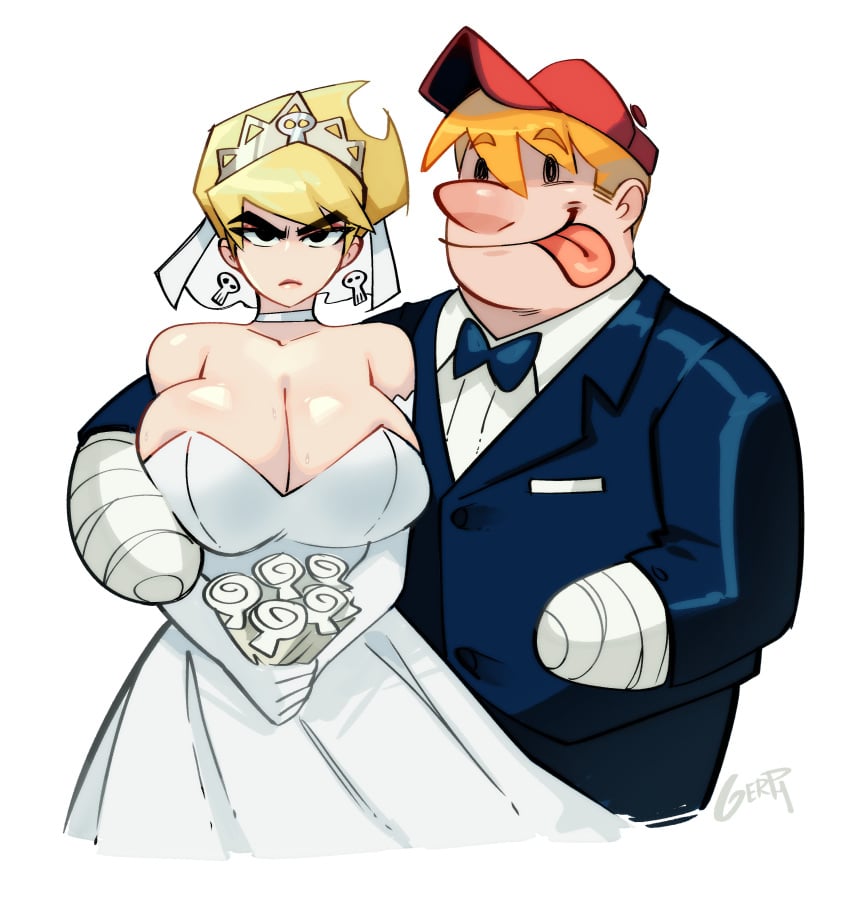 1boy 1boy1girl 1female 1girls arm_around_partner arm_around_shoulder arm_around_shoulders bandage bandaged_arm bandaged_hand bandaged_hands big_breasts big_nose billy_(billy_and_mandy) black_eyes blonde_hair cleavage collar creepy_smile duo duo_focus earrings female gerph glaring happy holding_flower male male/female mandy_(billy_and_mandy) married_couple no_nose orange_hair red_hat short_hair skull_earrings skull_tiara solo_female tagme the_grim_adventures_of_billy_and_mandy tongue_out tuxedo twitter_link unsettling wedding_dress