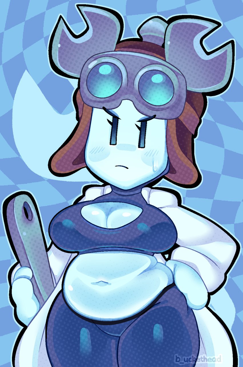 big_breasts blue_crop_top blue_pants blue_skin blue_topwear blush boob_window breasts brown_hat buckethead_(artist) chubby chubby_female cleavage_cutout concordian crop_top eyelashes goggles goggles_on_head lab_coat labcoat mario_(series) mario_and_luigi:_brothership mario_and_luigi_(series) midriff muffin_top nintendo revealing_clothes sweat sweatdrop technikki thick_thighs white_coat wide_hips wrench