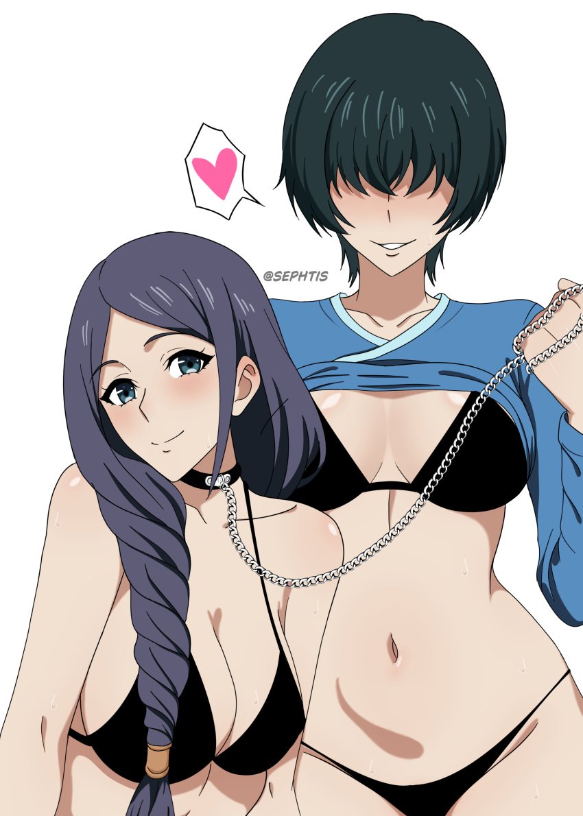 2girls absurdres artist_name bikini black_bikini blush braid breasts chain_leash chains cleavage clothes_lift hair_over_eyes han_semi heart highres holding holding_chain leash long_hair looking_at_viewer multiple_girls navel purple_hair seo_jiwoo sephtis shirt_lift short_hair single_braid solo_leveling string_bikini swimsuit white_background