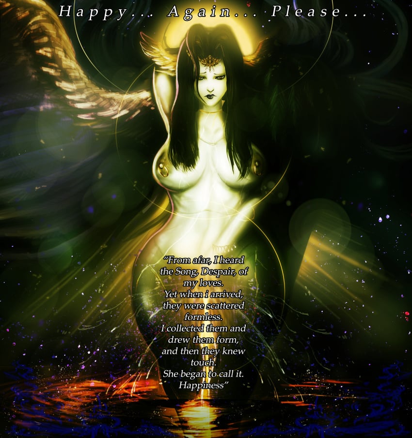 big_breasts bird_girl black_hair black_lipstick breasts completely_nude curvy endsinger english_text female final_fantasy final_fantasy_xiv goddess head_wings jaguarart jewelry looking_at_viewer masturbation meteion nipple_piercing nipples nude space text wide_hips wings yellow_eyes