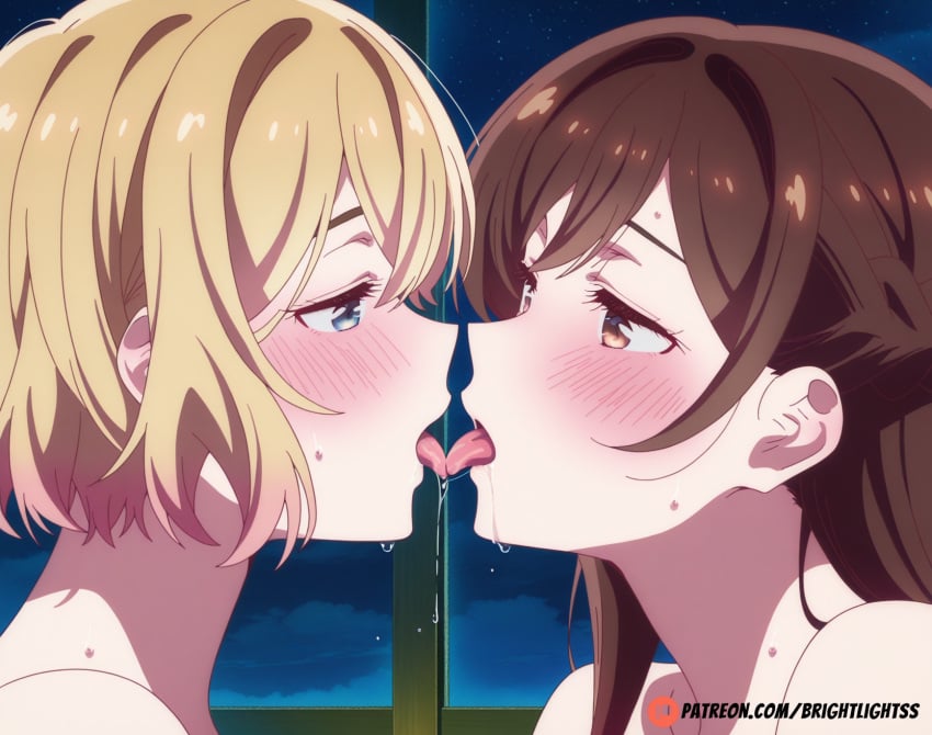 1girls 2girls ai_generated blonde_hair blue_eyes brightlights brown_hair female kanojo_okarishimasu kissing long_hair mizuhara_chizuru nude saliva saliva_drip short_hair tongue tongue_kiss tongue_out yuri