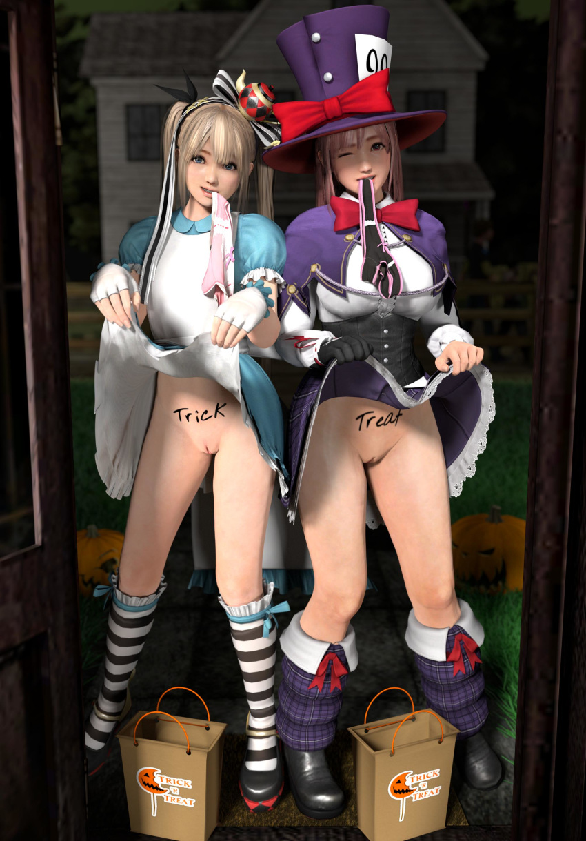 2girls 3d alice_in_wonderland alice_liddell alice_liddell_(cosplay) bag black_panties blonde_hair blue_eyes body_writing cosplay costume dead_or_alive dead_or_alive_5 door dress_lift exposure female female_only fingerless_gloves flashing gloves halloween hat honoka_(doa) jack-o'-lantern kneehighs long_hair mad_hatter mad_hatter_(cosplay) marie_rose mouth_hold multiple_girls no_panties one_eye_closed open_door panties_in_mouth panties_removed pink_hair pink_panties public_domain pumpkin pussy red_eyes shaved_pussy single_glove striped striped_legwear tied_hair top_hat trick_or_treat twintails uncensored wink